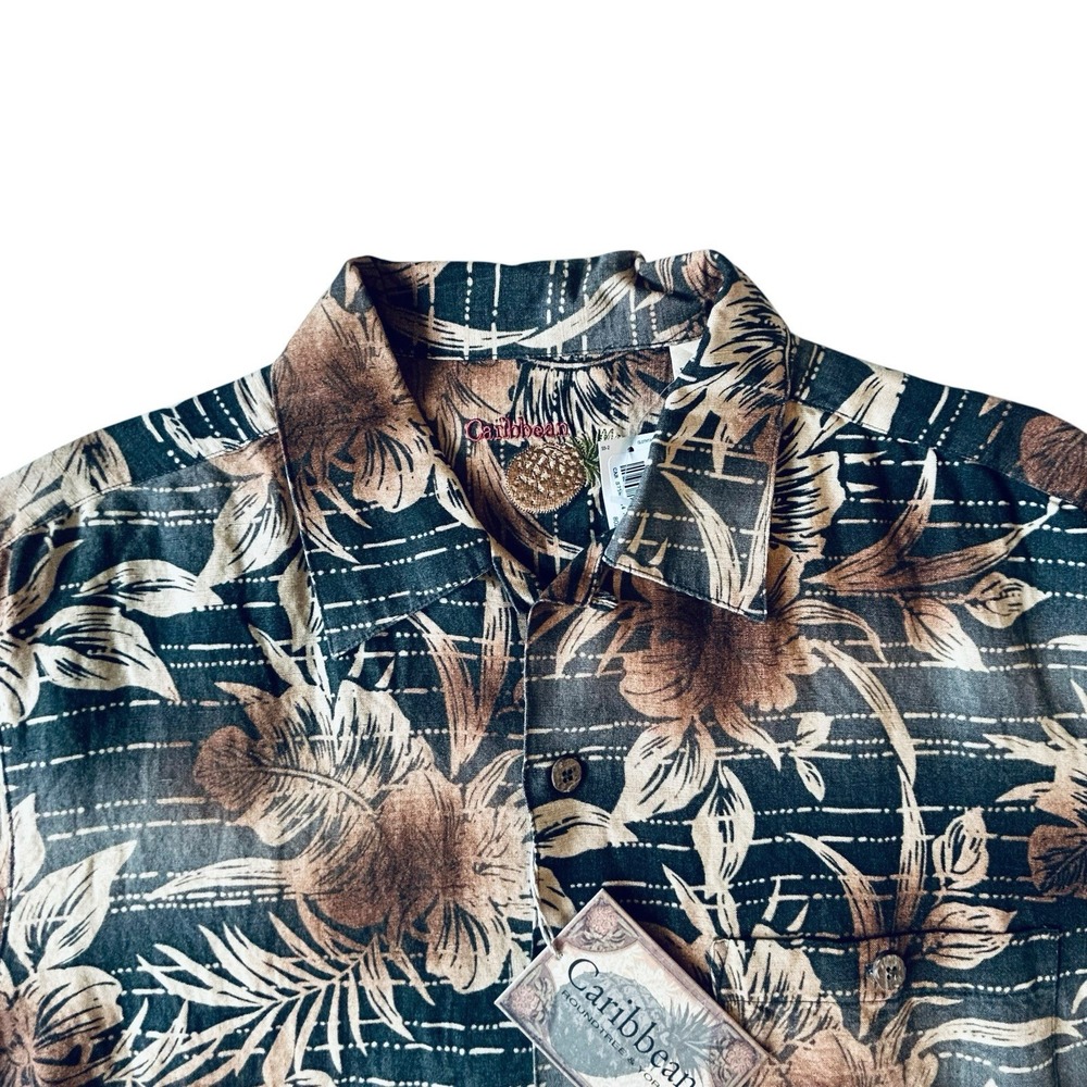 Roundtree & Yorke Caribbean Mens M Black Floral Hawaiian Linen Blend Shirt NWT
